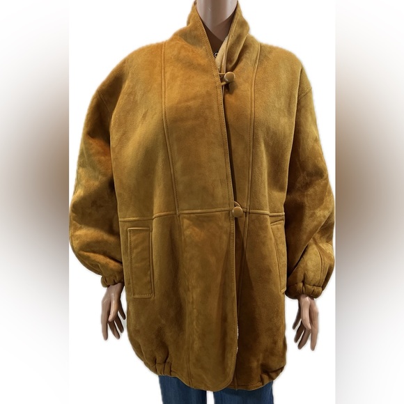 OSCAR DE LA RENTA Tan Vintage Suede Leather Soft Shearling Coat- Large - Picture 4 of 11